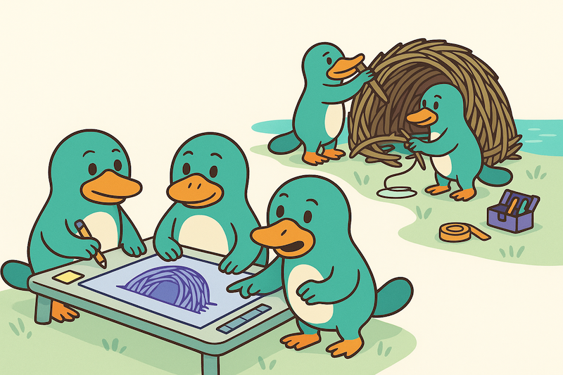 Illustration of a group of platypuses designing a blueprint of a dam and building a dam