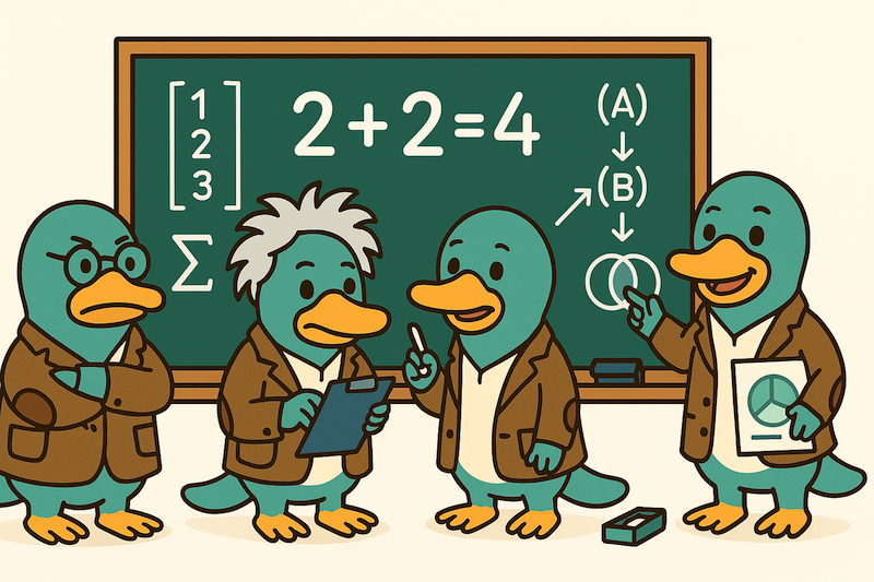 Illustration of a group of platypuses discussing in front of a chalkboard with math equations and flow charts