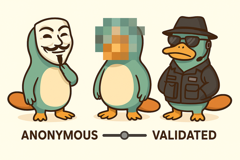 Illustration of three platypuses: one with a Guy Fawkes mask, one with a burred-out face, and one dressed as a detective.