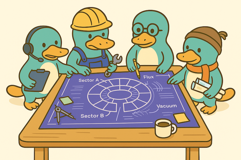 Illustration of a group of platypuses discussing around a blueprint.