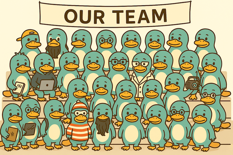 Illustration of a large group of platypuses in front of a sign saying Our Team